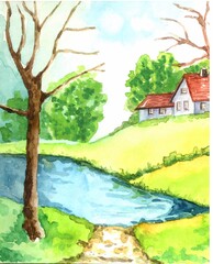 watercolor field with river,hills,leafless trees,houses in early spring.Japanese anime style.Rustic spring landscape on sunny day.illustration rural landscape in watercolor.landscape grassland outdoor