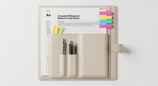 Professional tan leather folio with A4 document, pens, and colorful sticky notes, meticulously organized for modern business or academic tasks, studio lighting.