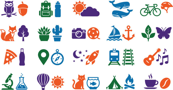 Colorful minimalist lifestyle graphic icon bundle showcasing matching pairs of animals vehicles weather symbols musical instruments science tools and food elements for children