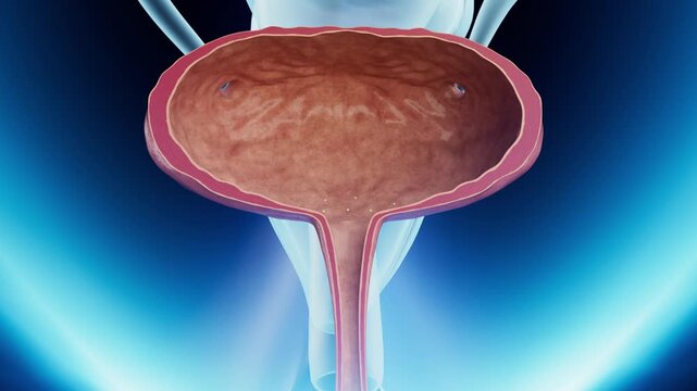 Bladder stones form during urinary tract infection. 3D rendering shows the crystallization process, leading to stones, inflammation, and urinary system disease.
