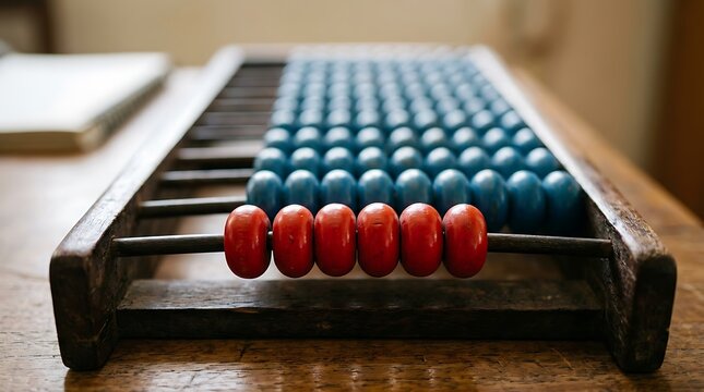 Closeup of a traditional wooden abacus with red and blue beads on a rustic wooden table