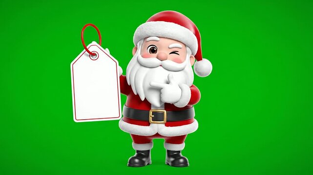 Cartoon Santa Claus Character Winking And Holding A Blank Gift Tag On A Vibrant Green Background For Holiday Promotions