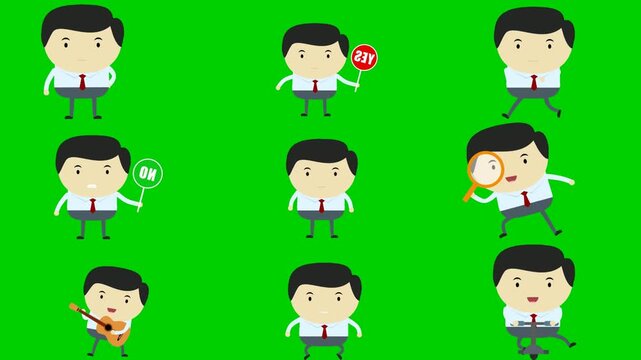 Tie gear green screen chroma key background animation featuring magnifier, music, briefcase, laptop, megaphone, flag, cup, jump, and run. High quality isolated footage. Buy this