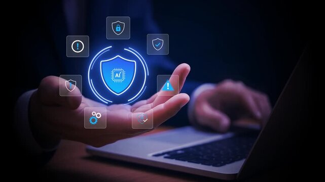 Enterprise AI Security Protection Businessman Touching Shield Icon. Risk Management Cybersecurity Technology. artificial intelligence governance compliance monitoring and cybersecurity defense control