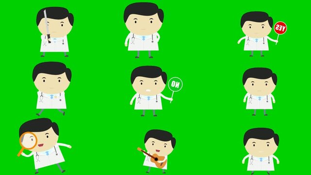 Lab gear green screen chroma key background animation featuring magnifier, music, briefcase, laptop, megaphone, flag, cup, jump, and run. High quality isolated footage. Buy this
