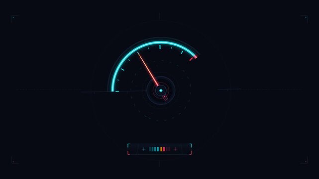 Digital speedometer needle accelerating through glowing neon hud