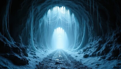 Fototapeta premium Ice cave path leads to bright mystic light. Frozen cavern with icicles hanging from ceiling. Dark cold tunnel, icy rock walls, mysterious glow.