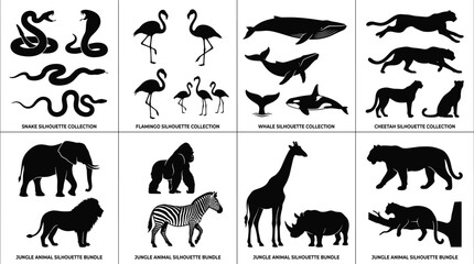 Fototapeta premium WebWildlife Animal Silhouette Bundle Featuring Snakes Flamingos Whales Cheetahs and Safari Vector Collection