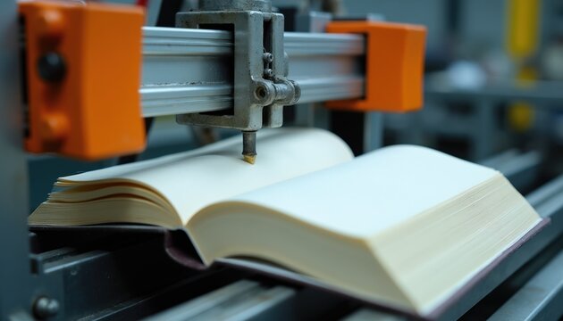 Automated machine applies adhesive to blank book pages. Precision equipment creates durable binding for print media. Industrial production of literature and publications.