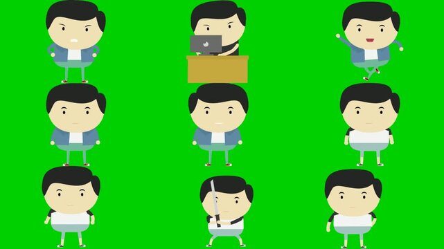 Office man green screen chroma key background animation featuring man, stick, desk, stand, paper, run, pose, sign, and stop. High quality isolated footage. Buy this pro clip today