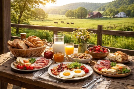 Desayuno en la granja con ingredientes frescos de la zona y vistas a verdes pastos