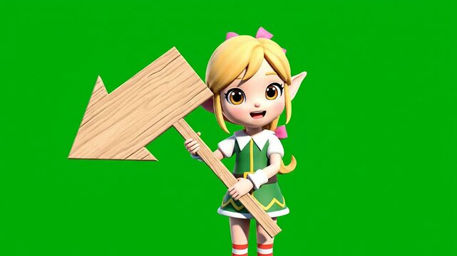 Cheerful Animated Character Holding Wooden Arrow Sign on Bright Green Screen Background for Creative Motion Graphics and Animation Projects