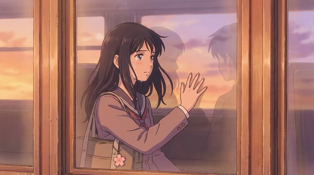 Cinematic shojo anime girl looking through a train window at sunset for poster and wallpaper character illustration