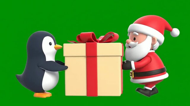 Cheerful Animated Penguin and Santa Claus Presenting a Christmas Gift Box with Red Ribbon Against Green Screen Background