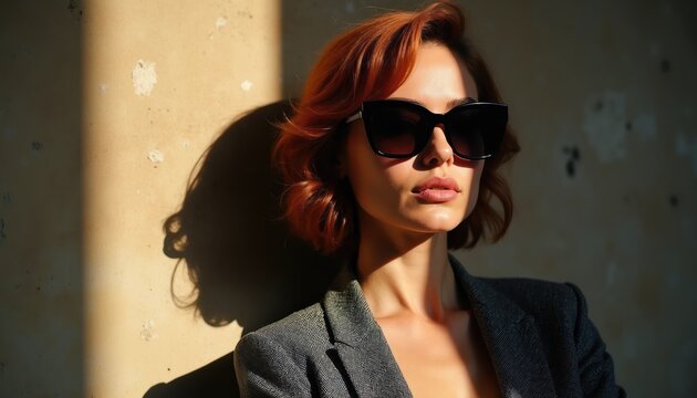 Woman with ginger hair and sunglasses wears blazer. Sunlight casts shadow on textured wall. She looks confident and stylish outdoors in daytime.