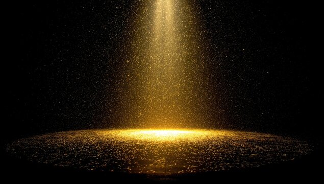 A bright golden spotlight illuminates a swirling cloud of luminous particles against blackness