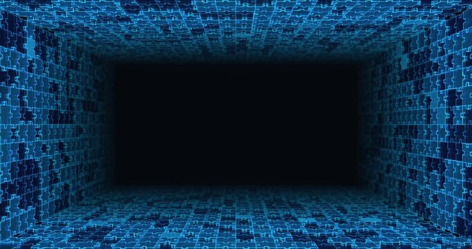 Abstract Animation Loop of a 3D Rectangular Tunnel Assembling from Jigsaw Puzzle Pieces. Problem-solving, business partnership and blockchain solution concept with copy space on a blue background.