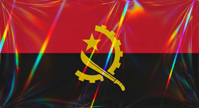 A vibrant digital depiction of the Angola flag featuring a glowing iridescent plastic wrap texture.