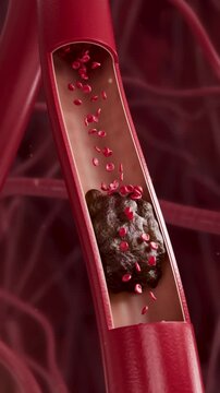 Thrombus forms in blood vessels as atherosclerotic plaques and vascular garbage accumulate, leading to blockage. Causes stroke, myocardial infarction. Cardiovascular and cerebrovascular disease concep