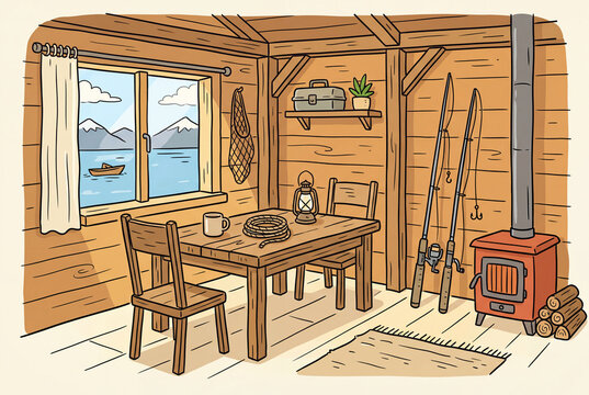 Hand drawn rustic fishing cabin interior with wooden table chairs fishing rods and wood stove for cozy background and poster design