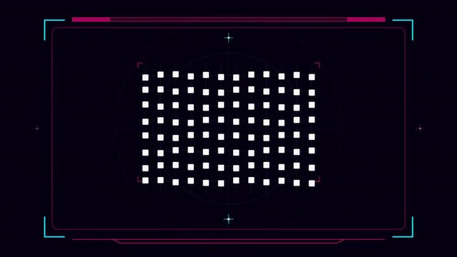 Digital pixels falling into a grid on a futuristic hud screen