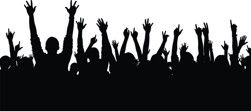 Black Silhouette Crowd Of People With Raised Hands At Concert Festival Cheering Audience Vector Design