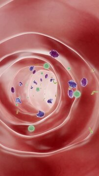Intestinal infection by viruses and bacteria impairs peristalsis, causing stool retention, toxin accumulation, and enteritis. Slow villi movement disrupts digestion. 3D health concept.