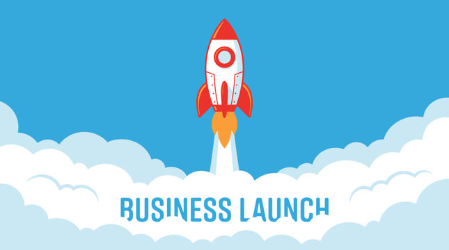 A rocket ship blasts off into the sky representing a Business launch event with clouds and blue Environment.