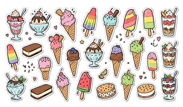 Hand drawn ice cream and frozen dessert doodle collection with sundae gelato popsicle and fruit parfait sticker style vector illustration isolated on white background
