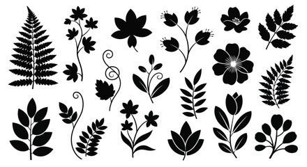 Naklejka premium Black silhouette floral and leaf icons set