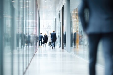 Fototapeta premium Business people walking in a modern, glass-walled hallway
