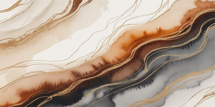 Abstract close up stone surface with flowing liquid wave texture and metallic gold paint background design