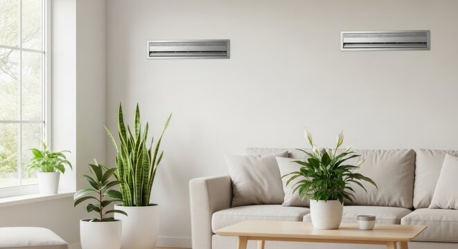 Integrated air purification system with discreet wall-mounted units in a modern living room setting