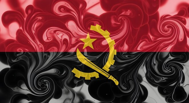 The National Flag of Angola Displayed Over a Dynamic and Artistic Swirling Liquid Ink Background.