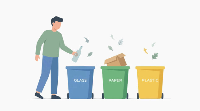 Illustration of a person placing recyclable materials in the correct containers, discreet ecological icons, modern educational style, pure white background.