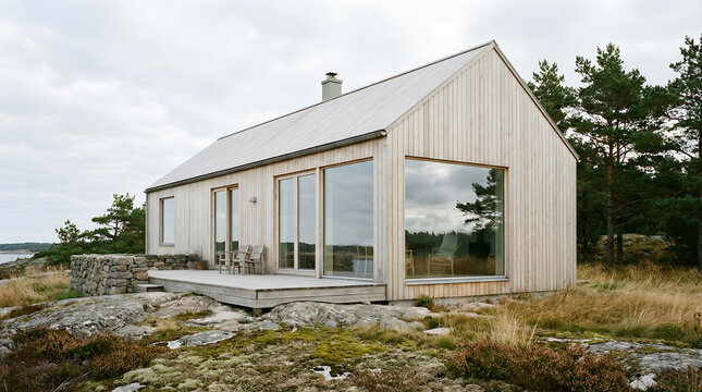 Scandinavian minimalist house with light wood facade and large windows soft cloudy day