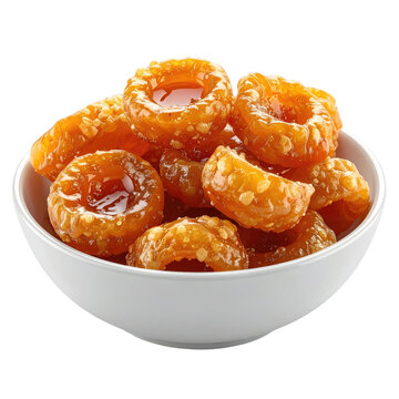 A bowl of glossy, amber-colored donut-like treats, scattered and piled high