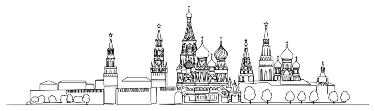 Saint Basil's Cathedral and Moscow Kremlin skyline continuous line drawing. Russian landmark architecture vector illustration.
