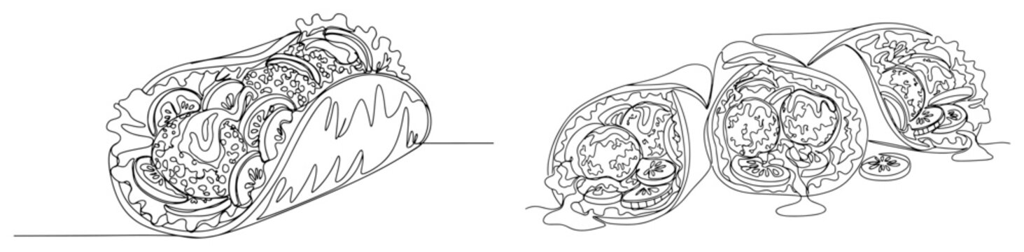 Mexican tacos and tortilla wraps continuous line drawing. Street food falafel or kebab roll minimalist vector illustration.