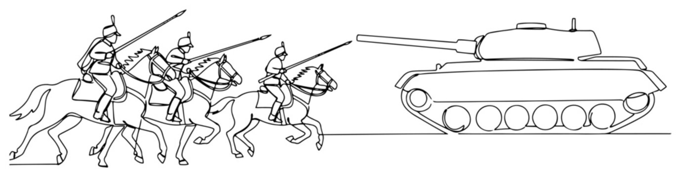 Cavalry on horses charging at tank continuous line drawing. Historical warfare and military conflict vector illustration.