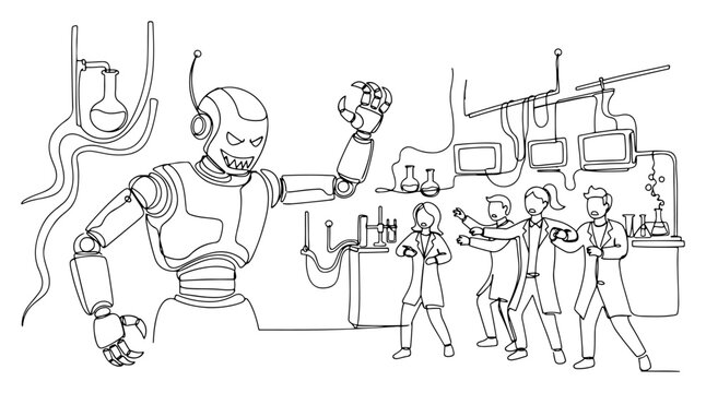 Giant evil robot attacking scientists in laboratory continuous line drawing. AI rebellion and technology failure concept vector.