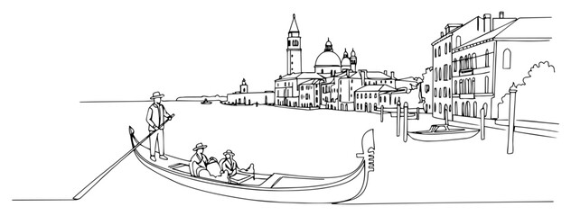 Venice gondola and city skyline continuous one line drawing. Italy landmarks and Grand Canal travel minimalist vector illustration. © ----WWWLINE----