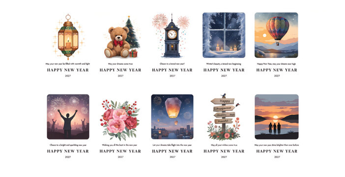 Set of festive new year design elements with winter holiday symbols including teddy bear clock lantern balloon and floral bouquet decoration celebration greeting elements fireworks