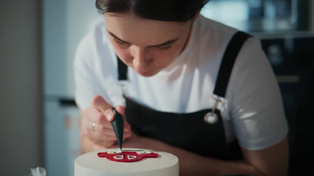 Focused woman decorates a cake with precision. She leans close, eyes intent on her design. Her hands move steadily, applying icing with care. The scene highlights culinary artistry