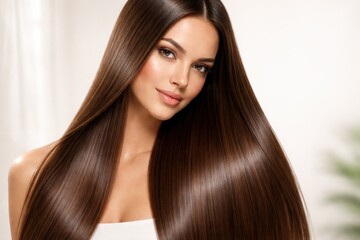 Naklejka premium Beautiful woman with long smooth brown hair healthy shine beauty portrait closeup studio light