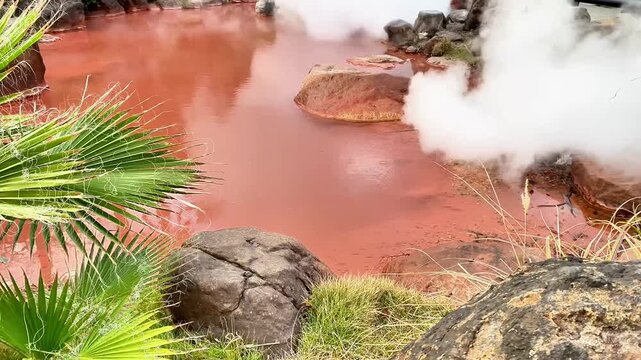  Steaming Red Hot Spring Pond at Chinoike Jigoku in Beppu Japan