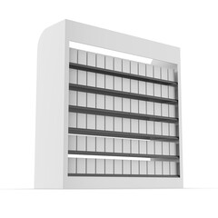 3D render of a blank supermarket advertising shelf display isolated on a light background. Empty retail gondola shelving unit with customizable branding area for product promotion, point-of-sale. © godesignz