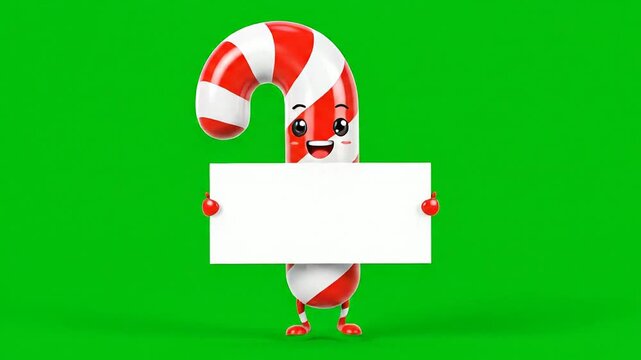 Cheerful Cartoon Candy Cane Character Holding Blank Sign Against Green Screen Background for Holiday Marketing