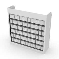 3D render of a blank supermarket advertising shelf display isolated on a light background. Empty retail gondola shelving unit with customizable branding area for product promotion, point-of-sale. © godesignz