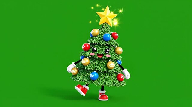 Cheerful Cartoon Christmas Tree Character with Star and Colorful Ornaments on Bright Green Background for Festive Holiday Designs